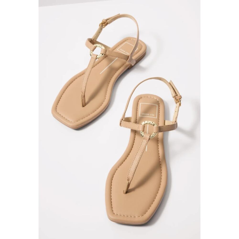DOLCE VITA Lorene T-Strap Sandal Beige Hammered Ring Square Toe Women's 6